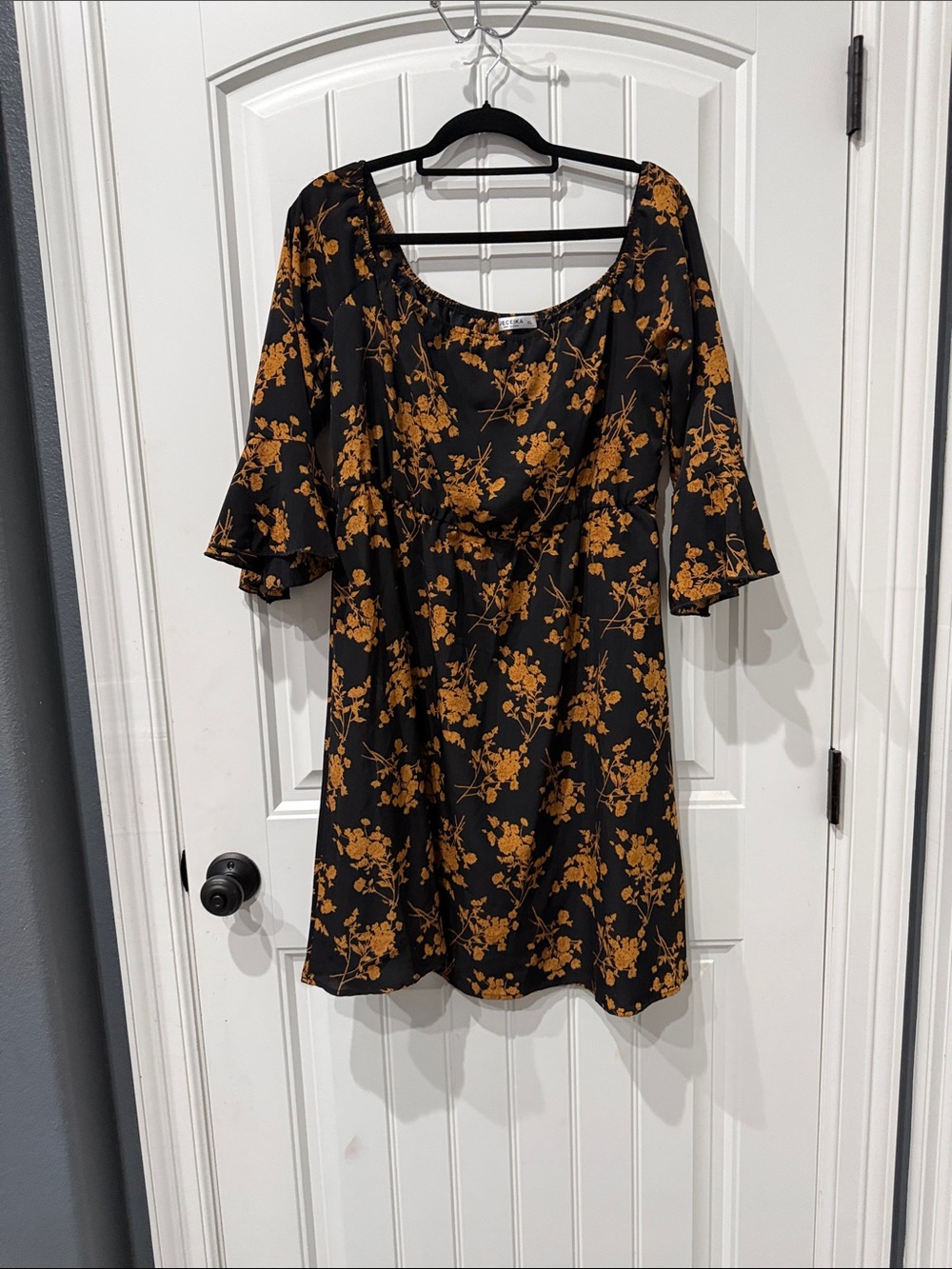 Black Floral Mini Dress with Mustard Bloom Print
